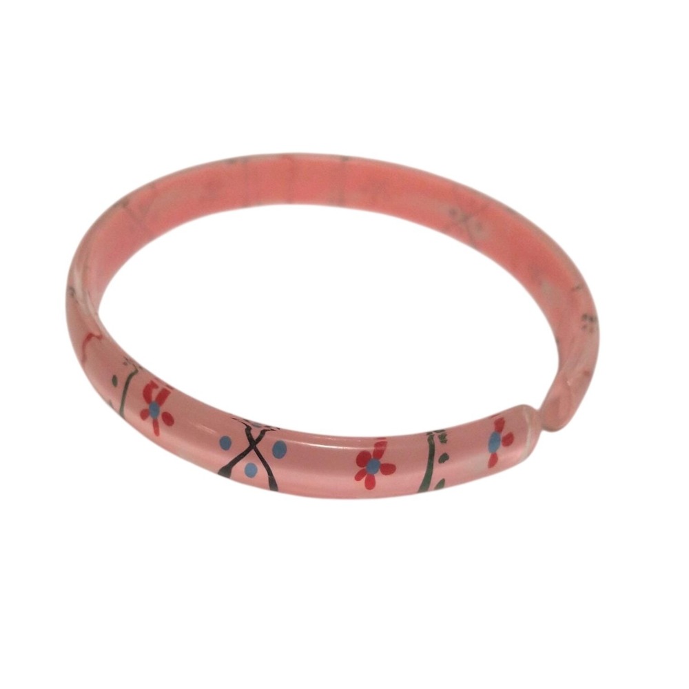 Vintage Hand Painted Pink Lucite Cuff Bracelet Floral Retro Resin Bangle Y2K